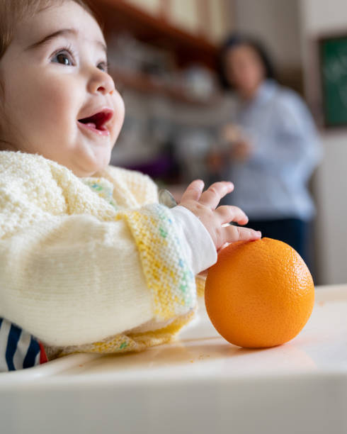 istock Baby Girl Exploring Orange Fruit In The Kitchen 1144251591