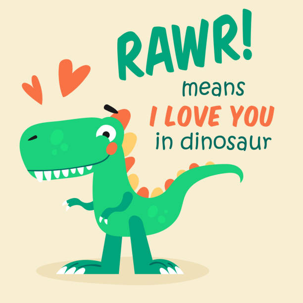 The cute dinosaur with the love text. The cute dinosaur with the love text. Children's book illustration. Great idea for kids posters and calendars. Vector illustration. dinosaur rawr stock illustrations