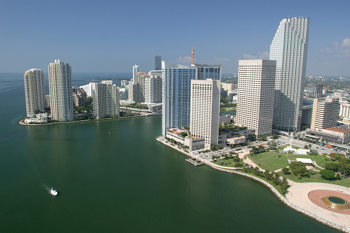 Modern apartment buildings with palm trees at Avenue at Miami, Usa