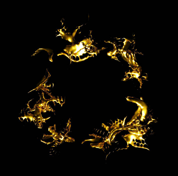istock Gold ring on a black background. Splash, water, liquid, drop, gold, precious. 3D illustration, 3D renderin 1144258926