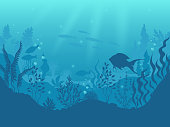 Underwater silhouette background. Undersea coral reef, ocean fish and marine algae cartoon scene. Vector aqua life and sea bottom