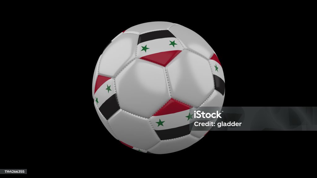 Soccer ball with flag Syria, 3d rendering Soccer ball with the flag of Syrian Arab Republic colorson black background, 3d rendering, prores footage with alpha channel, loop Asia Stock Photo