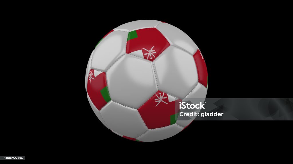 Soccer ball with flag Oman, 3d rendering Soccer ball with the flag of Oman colors on black background, 3d rendering Asia Stock Photo