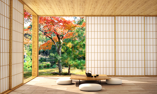 interior design in modern living room with wood floor and  white wall that was designed in japanese style,3d illustration,3d rendering