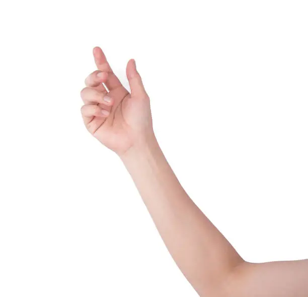 Photo of hand holding something like a bottle or smartphone on isolated white backgrounds