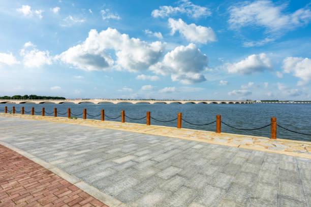 istock Beautiful lake and walkway with blue sky 1144273777