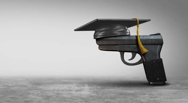 Armed Teachers Armed teachers social issue as a gun wearing a graduation mortarboard as a symbol for security in schools armed with guns as a 3D illustration. gun free zone sign stock pictures, royalty-free photos & images