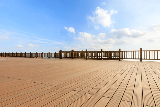 istock Lakeside wood floor platform and blue sky with white clouds 1144274703