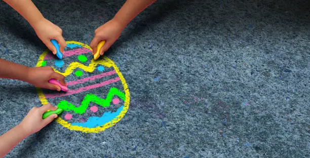Easter arts and crafts activity concept as a group of children with chalk drawing a decorated egg on an asphalt texture as a symbol for cooperation and fun seasonal activities for kids in a 3D illustration style.