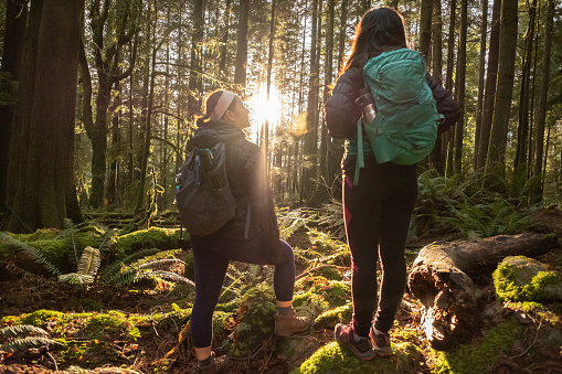 Teen and young adult Eurasian sisters hiking in Mt. Seymour Provincial Park, North Vancouver, British Columbia, Canada