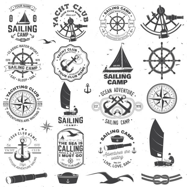 Set of sailing camp and yacht club badge. Vector. Concept for shirt, print or tee. Vintage typography design with black sea anchors, hand wheel, compass and sextant silhouette. Set of sailing camp and yacht club badge. Vector. Concept for shirt, print, stamp or tee. Vintage typography design with black sea anchors, hand wheel, compass and sextant silhouette. sailing stock illustrations