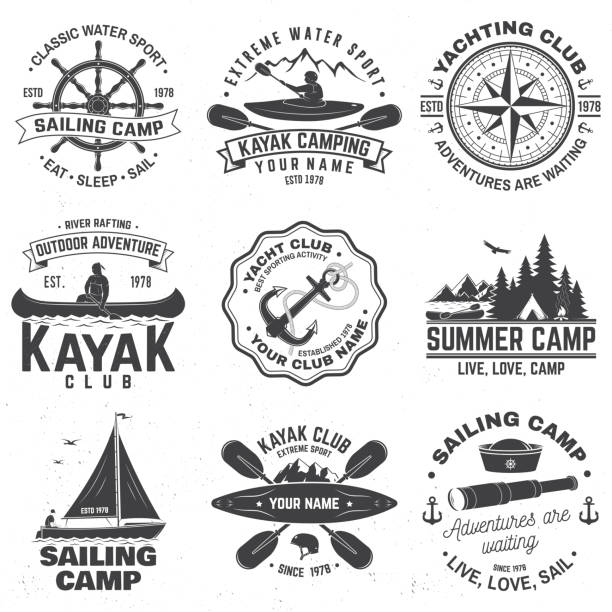ilustrações de stock, clip art, desenhos animados e ícones de set of sailing camp, canoe and kayak club badges. vector. concept for shirt, print, stamp or tee. vintage typography design with mountain, river, kayaker silhouette. extreme water sport. - rafting on a mountain river