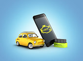 Car diagnostic concept Close up of OBD2 wireless scanner with smartphone and retro car on blue gradient background 3d illustration