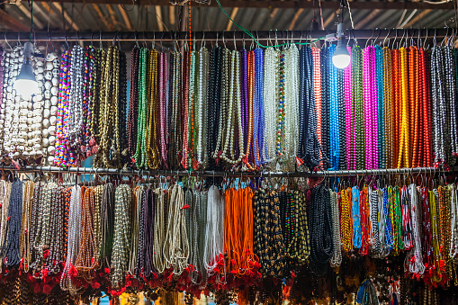 colourful beaded necklace on display at local shop during Pushkar camel fair