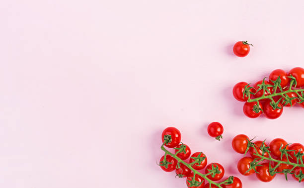 istock Isolated fresh red cherry tomatoes on pink background. Top view. Flat lay 1144283469