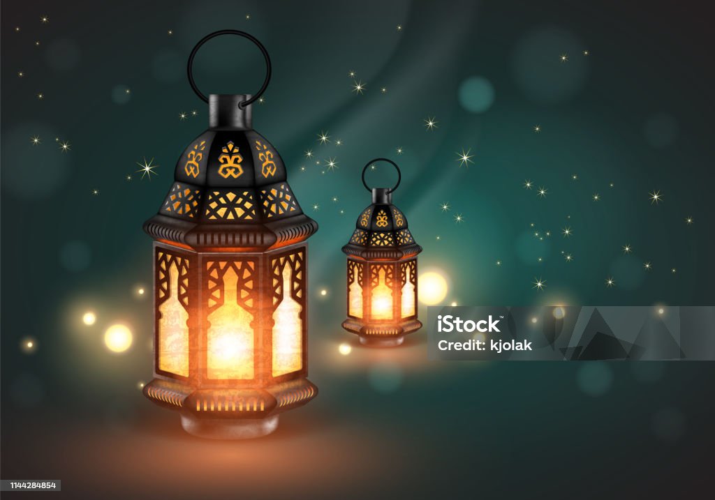 Two Glowing Eastern Lamps On The Background With Highlights 3d Vector ...