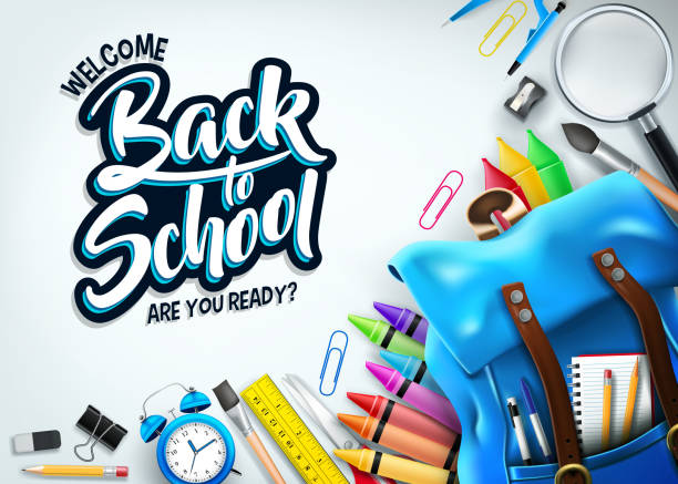 Back to School In White Background Banner with Blue Backpack and School Supplies Back to School In White Background Banner with Blue Backpack and School Supplies Like Notebook, Pen, Pencil, Colors, Ruler, Magnifying Glass, Eraser, Paper Clip, Sharpener, Alarm Clock and Paint Brush 3D Realistic Design. Vector Illustration back to school stock illustrations