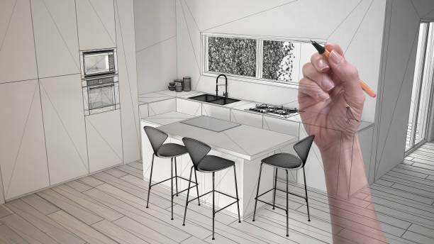 istock Hand drawing custom modern minimalist white and wooden kitchen with island and stools. Tailored unfinished project architecture interior design, architect designer concept idea 1144285001