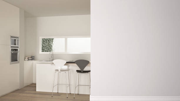 istock Modern white and wooden kitchen with island and stools on a foreground wall, interior design architecture idea, concept with copy space, blank background 1144285249
