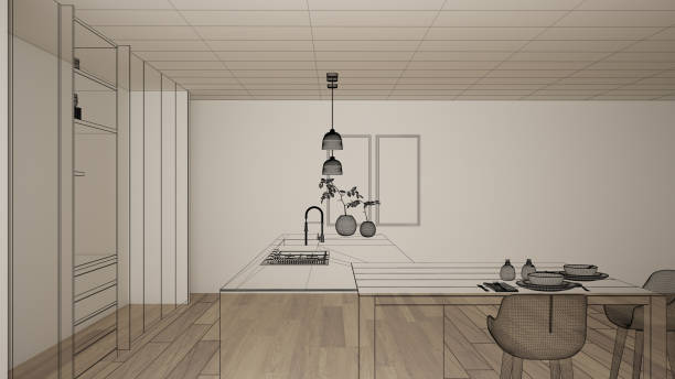 istock Empty white interior with parquet floor and white walls, custom architecture design project, black ink sketch, blueprint showing modern kitchen, concept, mock-up, architect idea 1144285994