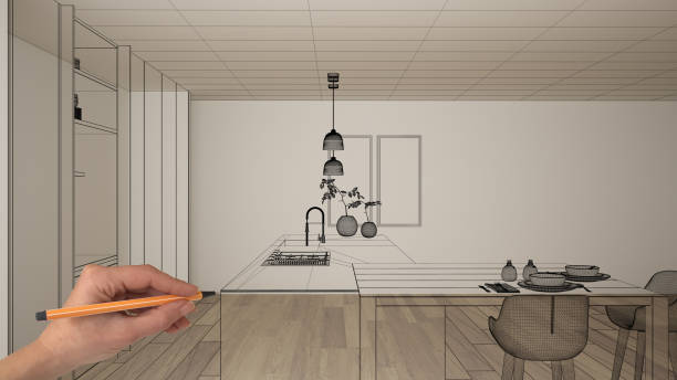 Empty white interior with parquet floor and white walls, hand drawing custom architecture design, black ink sketch, blueprint showing modern minimalist kitchen, concept, mock-up, idea