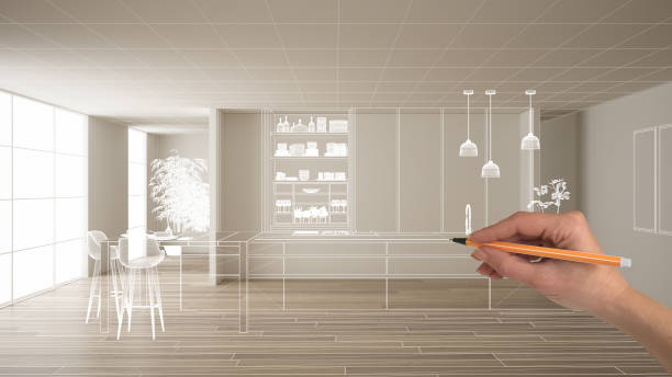 istock Empty white interior with parquet floor and white walls, hand drawing custom architecture design, white ink sketch, blueprint showing modern minimalist kitchen, concept mock-up idea 1144286074