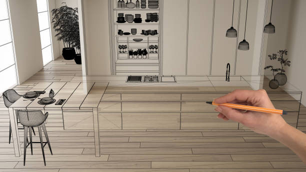 Empty white interior with parquet floor and white walls, hand drawing custom architecture design, black ink sketch, blueprint showing modern minimalist kitchen, concept, mock-up, idea