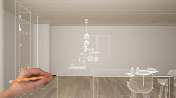 istock Empty white interior with parquet floor and white walls, hand drawing custom architecture design, white ink sketch, blueprint showing modern minimalist kitchen, concept mock-up idea 1144286497