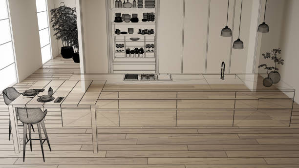 istock Empty white interior with parquet floor and white walls, custom architecture design project, black ink sketch, blueprint showing modern kitchen, concept, mock-up, architect idea 1144287115