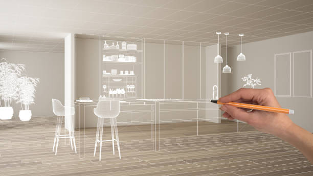 istock Empty white interior with parquet floor and white walls, hand drawing custom architecture design, white ink sketch, blueprint showing modern minimalist kitchen, concept mock-up idea 1144287187
