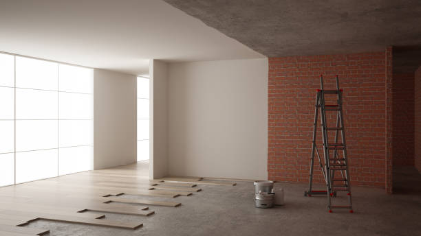 istock Home renovation, restructuring process, repair and wall painting, construction concept. Brick and painted walls, parquet floor, walls laying and covering, architecture interior design 1144287228