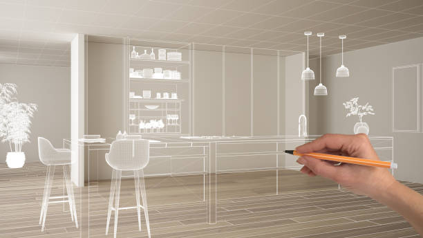 istock Empty white interior with parquet floor and white walls, hand drawing custom architecture design, white ink sketch, blueprint showing modern minimalist kitchen, concept mock-up idea 1144287427