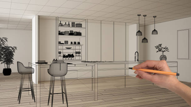 istock Empty white interior with parquet floor and white walls, hand drawing custom architecture design, black ink sketch, blueprint showing modern minimalist kitchen, concept, mock-up, idea 1144287491
