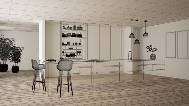 istock Empty white interior with parquet floor and white walls, custom architecture design project, black ink sketch, blueprint showing modern kitchen, concept, mock-up, architect idea 1144287717