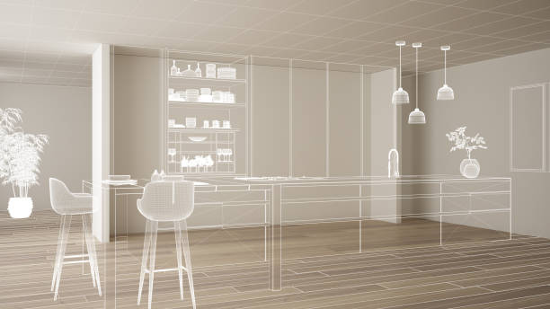 istock Empty white interior with parquet floor and white walls, custom architecture design project, white ink sketch, blueprint showing modern kitchen, concept, mock-up, architecture idea 1144287745