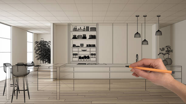 istock Empty white interior with parquet floor and white walls, hand drawing custom architecture design, black ink sketch, blueprint showing modern minimalist kitchen, concept, mock-up, idea 1144287821