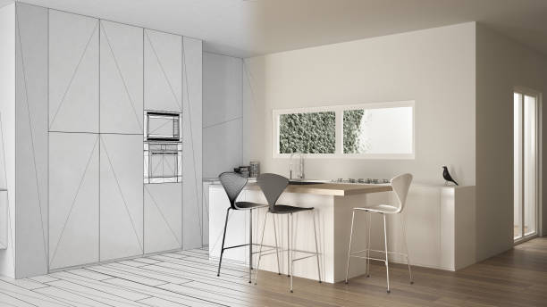 istock Architect interior designer concept: unfinished project that becomes real, minimalist white kitchen with dining table and parquet floor, oven sink and gas stove, modern design idea 1144287982