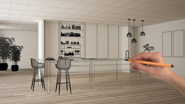 istock Empty white interior with parquet floor and white walls, hand drawing custom architecture design, black ink sketch, blueprint showing modern minimalist kitchen, concept, mock-up, idea 1144288540