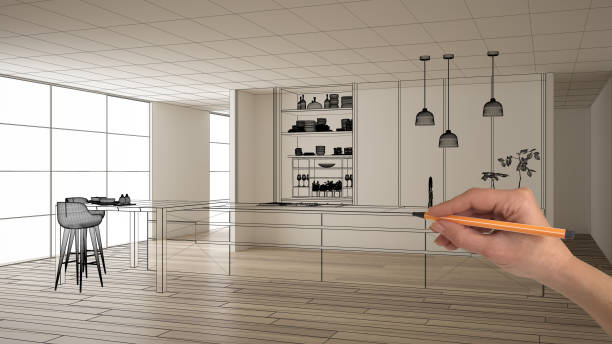 istock Empty white interior with parquet floor and white walls, hand drawing custom architecture design, black ink sketch, blueprint showing modern minimalist kitchen, concept, mock-up, idea 1144288692