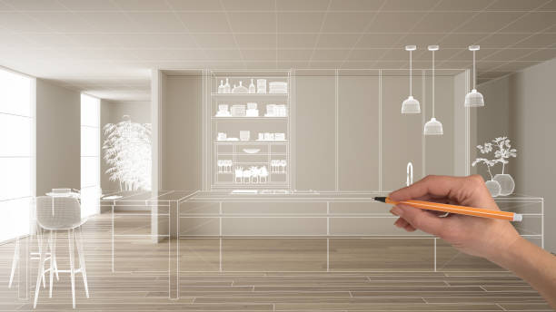 istock Empty white interior with parquet floor and white walls, hand drawing custom architecture design, white ink sketch, blueprint showing modern minimalist kitchen, concept mock-up idea 1144288922