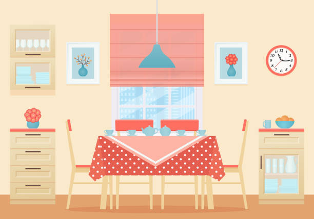Dining room interior. Vector illustration. Flat design. Dining room interior. Vector. Kitchen room with table, chairs, window and roman curtain in flat design. Cooking animated banner. Cartoon illustration. wooden kitchen cabinet stock illustrations