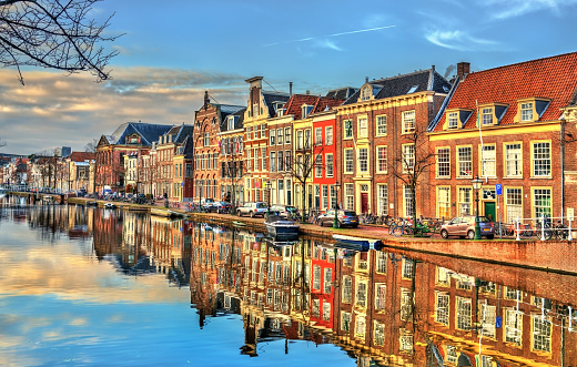 Traditional houses beside a canal in Leiden - South Holland, the Netherlands