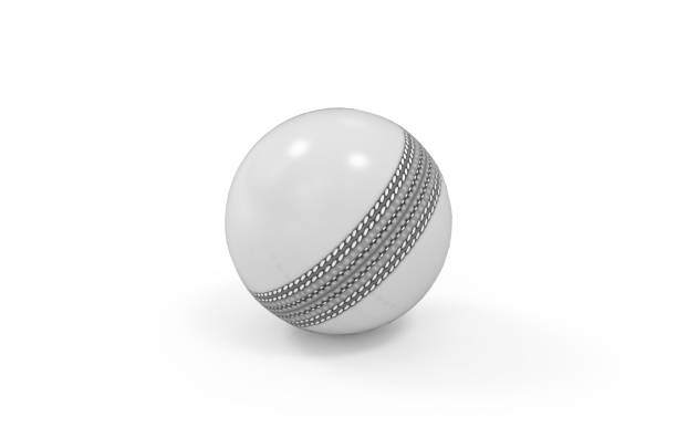 weiß glänzende cricket-ball für einen tag internationale partie auf isoliertem weißen hintergrund, 3d-abbildung - kricketball stock-fotos und bilder