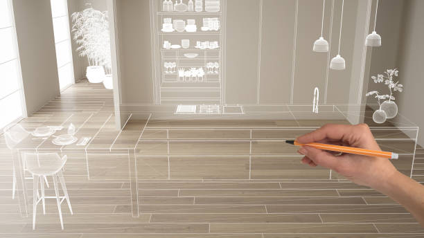 istock Empty white interior with parquet floor and white walls, hand drawing custom architecture design, white ink sketch, blueprint showing modern minimalist kitchen, concept mock-up idea 1144290202