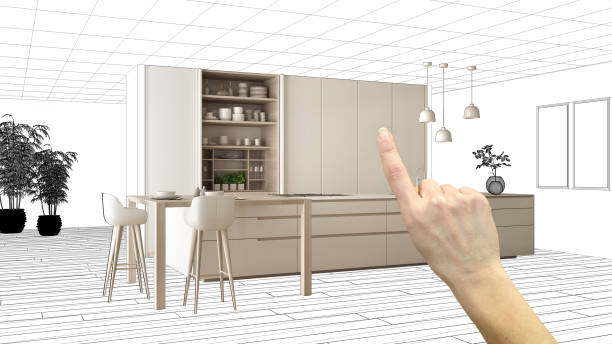 istock Unfinished project, under construction draft, concept interior design sketch, hand pointing real modern white kitchen with blueprint background, architect and designer idea 1144293667