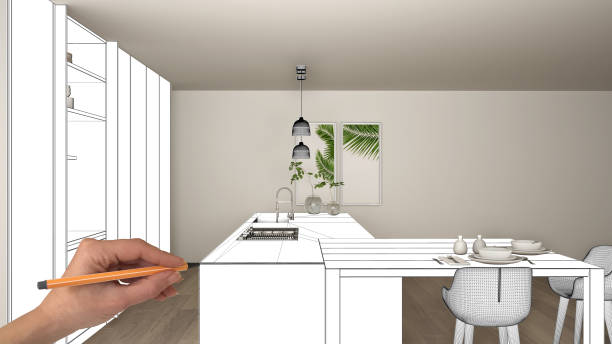 istock Unfinished project, under construction draft, concept interior design sketch, hand pointing real modern white kitchen with blueprint background, architect and designer idea 1144294692