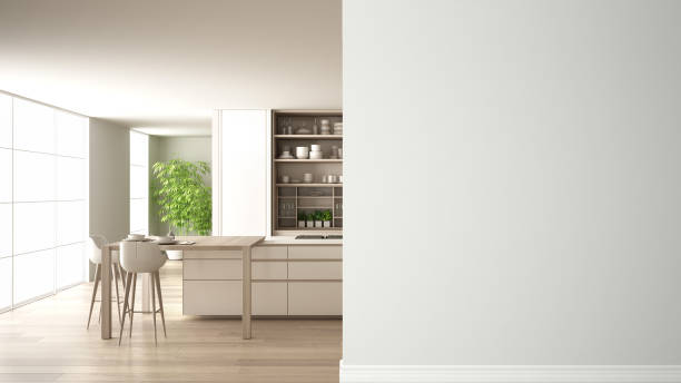 istock Modern white and wooden kitchen with island and stools on a foreground wall, interior design architecture idea, concept with copy space, blank background 1144295978
