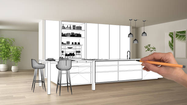 istock Unfinished project, under construction draft, concept interior design sketch, hand drawing modern kitchen blueprint sketch in real home background, architect and designer idea 1144296010