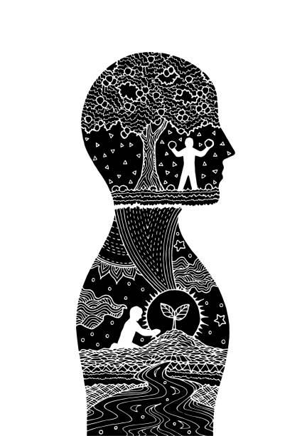 illustrations, cliparts, dessins animés et icônes de homme de tête humain à l’intérieur de la plantation arbre inverser couleur vecteur art abstrait illustration design dessiné à la main - reiki
