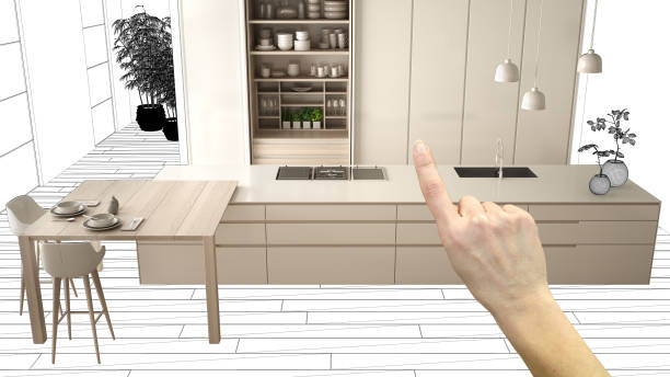 istock Unfinished project, under construction draft, concept interior design sketch, hand pointing real modern white kitchen with blueprint background, architect and designer idea 1144296092